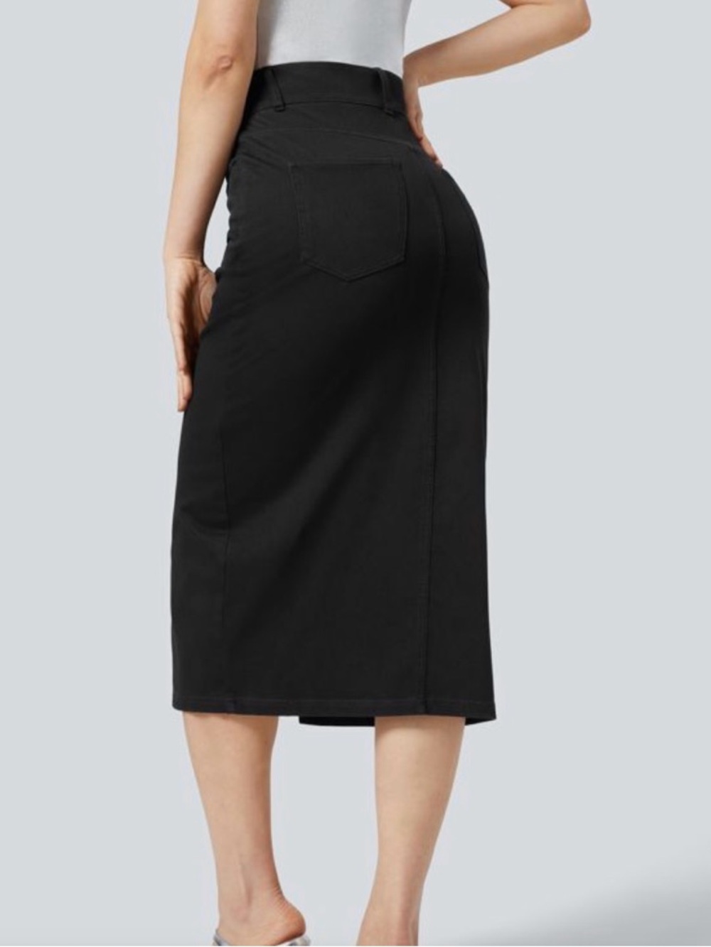 HALARA Black High-Waist Midi Pencil Skirt with Center Front Slit With Shorts - Picture 3 of 8